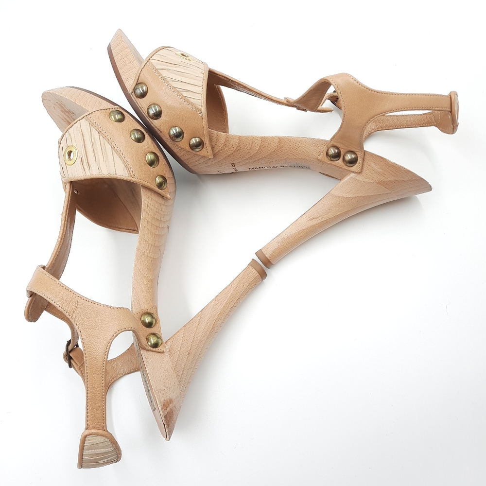 MANOLO BLAHNIK Y2K Wood Platform Sandal Heel Bohemian Coquette 70s Tan 37 EU - Picture 8 of 14